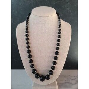 Black Plastic And Silver Tone Metal Beaded Necklace Vintage